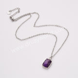 18" Silver Rectangle Gemstone Faceted Pendant Necklace, Rose Quartz Amethyst Jewelry Necklace ZS0530-8