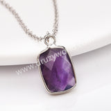 18" Silver Rectangle Gemstone Faceted Pendant Necklace, Rose Quartz Amethyst Jewelry Necklace ZS0530-8