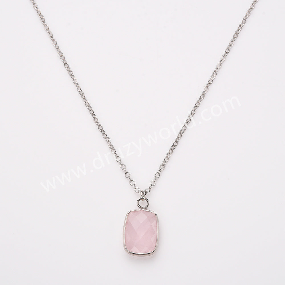 18" Silver Rectangle Gemstone Faceted Pendant Necklace, Rose Quartz Amethyst Jewelry Necklace ZS0530-8