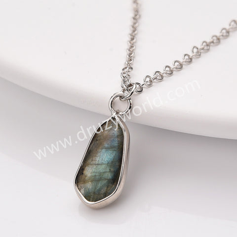 18" Small Long Teardop Natural Stone Faceted Pendant Silver Necklace, Birthstone Jewelry Necklace ZS0530-9