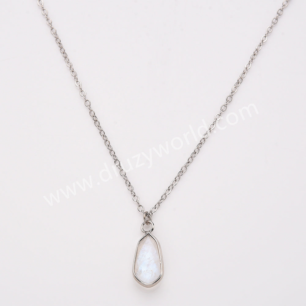 18" Small Long Teardop Natural Stone Faceted Pendant Silver Necklace, Birthstone Jewelry Necklace ZS0530-9