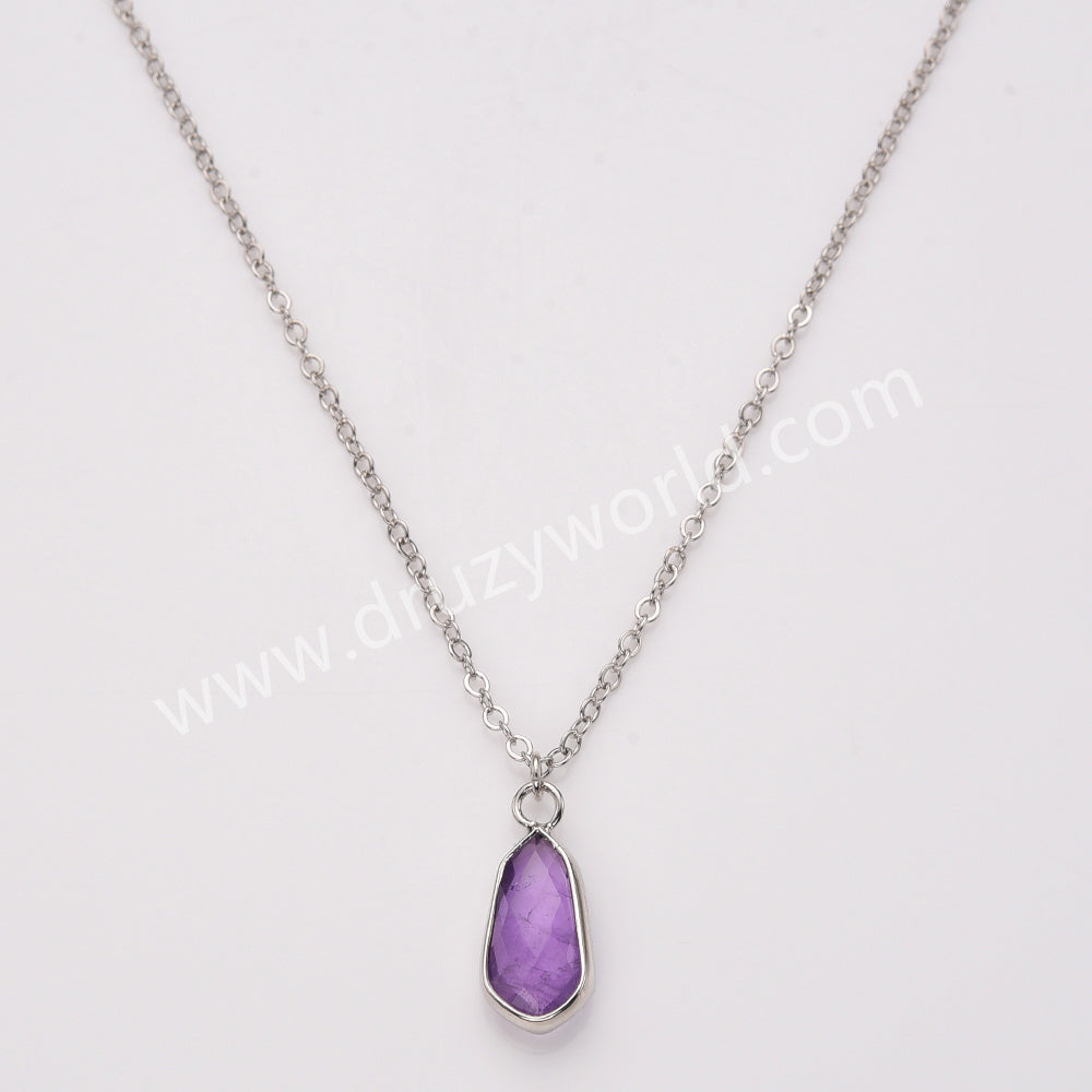 18" Small Long Teardop Natural Stone Faceted Pendant Silver Necklace, Birthstone Jewelry Necklace ZS0530-9