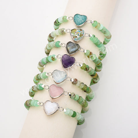 Silver Heart Natural Gemstone Bracelet, Australia Jade Beads Bracelet, Handmade Jewelry ZS0531-2