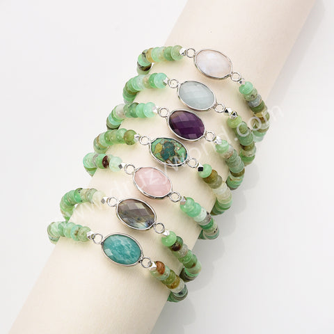 Silver Oval Natural Crystal Stone Beaded Bracelet, Australia Jade Beads, Handmade Boho Jewelry ZS0531-4