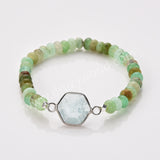 Silver Hexagon Natural Moonstone Stone Beaded Bracelet, Australia Jade Beads, Handmade Boho Jewelry ZS0531-5