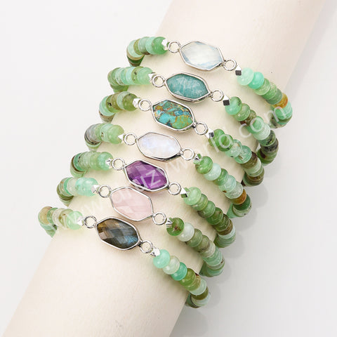 Silver Small Hexagon Natural Stone Beaded Bracelet, Australia Jade Beads, Handmade Boho Jewelry ZS0531-6