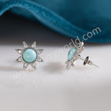 Silver Plated Natural Larimar CZ Astral Star Stud Earrings, Boho Gemstone Jewelry ZS0546