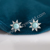 Silver Plated Natural Larimar CZ Astral Star Stud Earrings, Boho Gemstone Jewelry ZS0546