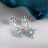 Natural Larimar Studs Earring, Silver Plated Double Star CZ Micro Pave, Boho Gemstone Jewelry ZS0547
