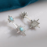 Natural Larimar Studs Earring, Silver Plated Double Star CZ Micro Pave, Boho Gemstone Jewelry ZS0547