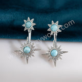 Natural Larimar Studs Earring, Silver Plated Double Star CZ Micro Pave, Boho Gemstone Jewelry ZS0547