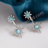 Natural Larimar Studs Earring, Silver Plated Double Star CZ Micro Pave, Boho Gemstone Jewelry ZS0547