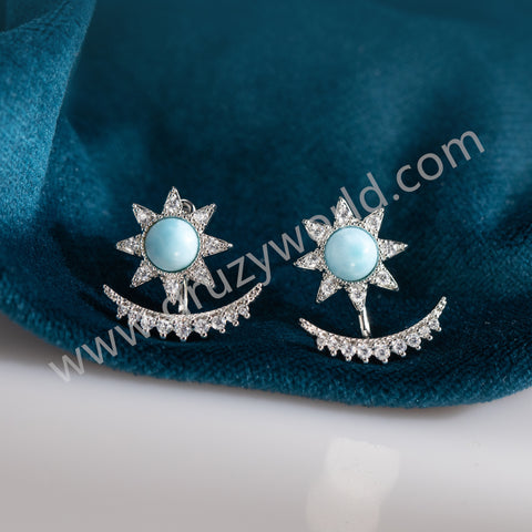 Silver Plated Natural Larimar CZ Astral Star Moon Stud Earrings, Boho Gemstone Jewelry ZS0548
