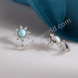 Silver Plated Natural Larimar CZ Astral Star Moon Stud Earrings, Boho Gemstone Jewelry ZS0548