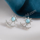 Silver Plated Natural Larimar CZ Astral Star Moon Stud Earrings, Boho Gemstone Jewelry ZS0548
