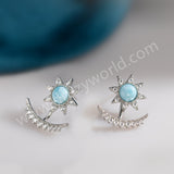 Silver Plated Natural Larimar CZ Astral Star Moon Stud Earrings, Boho Gemstone Jewelry ZS0548