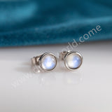 Round Silver Plated Natural Moonstone Studs Earring, White Crystal Jewelry ZS0551