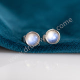 Round Silver Plated Natural Moonstone Studs Earring, White Crystal Jewelry ZS0551