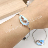 Silver Titanium AB Color Druzy Geode Slice Bracelet, Slider Adjustable Box Chain, Agate Drusy Jewelry S1453-B