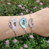 Silver Titanium AB Color Druzy Geode Slice Bracelet, Slider Adjustable Box Chain, Agate Drusy Jewelry S1453-B