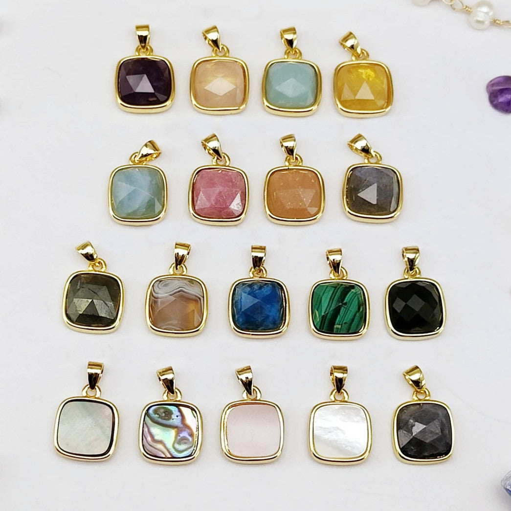 Square Rainbow Gemstone Faceted Gold Bezel Charm Pendants, For DIY Jewelry Making WX986
