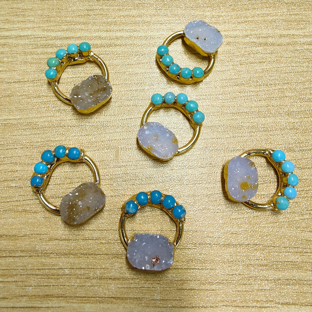Unique Natural Druzy and Turquoise Circle Round Stretch Bracelet, 8mm Blue Howlite Beads, Boho Jewelry AL715