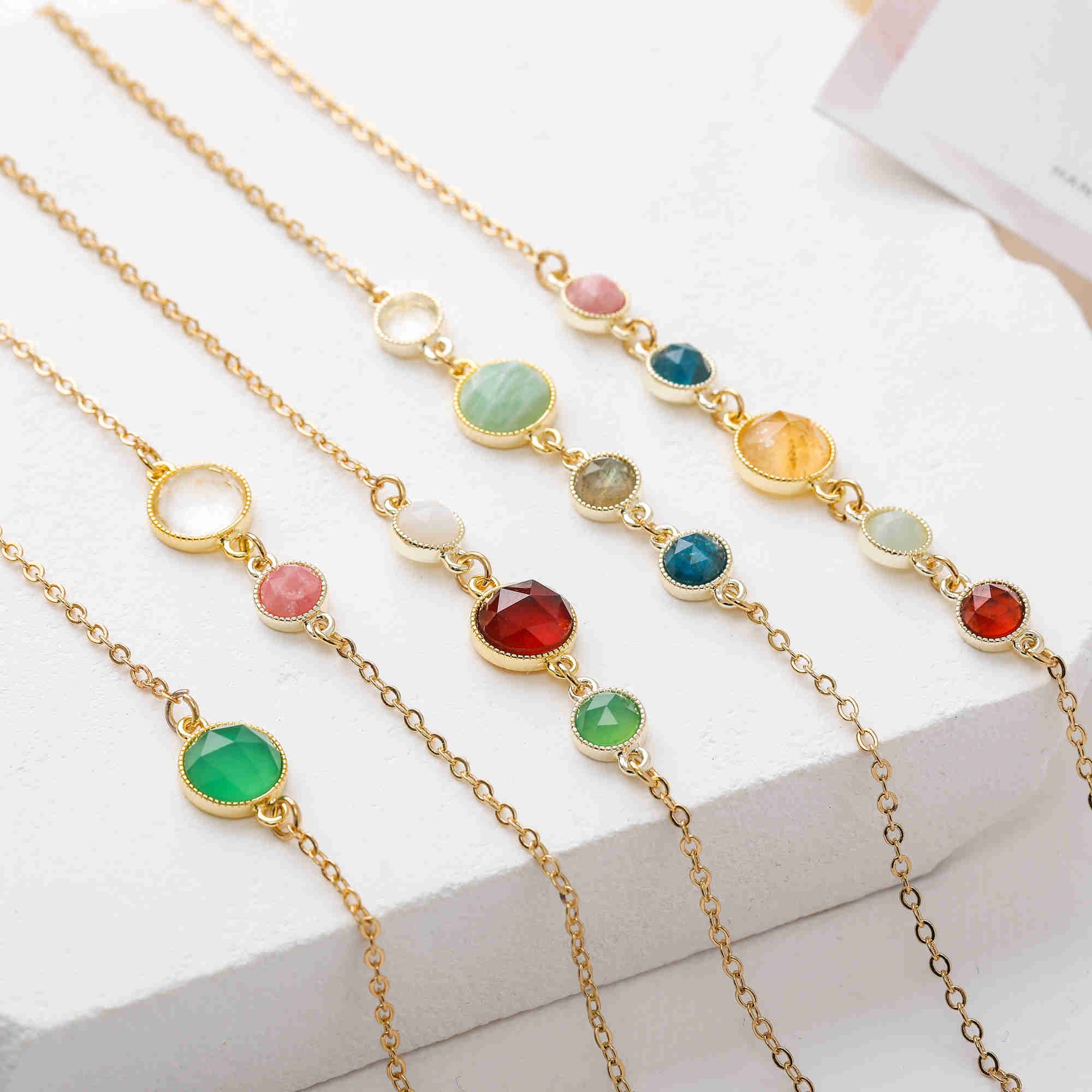 16" Round Multi Faceted Gemstone Necklace, Gold Plated Bezel, Healing Crystal Necklace, Birthstone Necklace, Wholesale Jewelry BT022