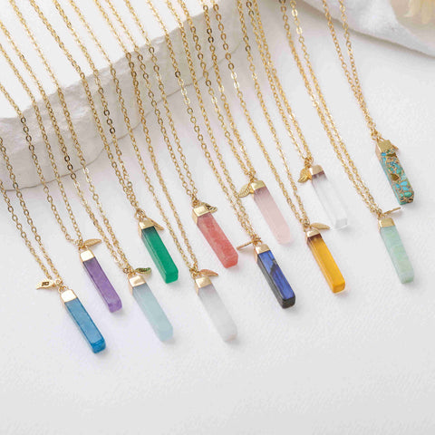 16" Gold Plated Rectangle Gemstone Necklace Birthstone Necklace, Healing Crystal Stone Bar Necklace Jewelry BT019