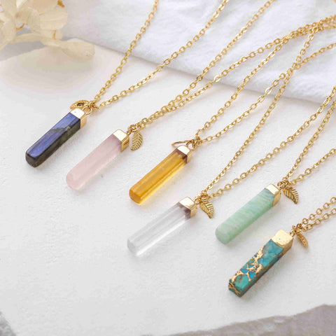 16" Gold Plated Rectangle Gemstone Necklace Birthstone Necklace, Healing Crystal Stone Bar Necklace Jewelry BT019