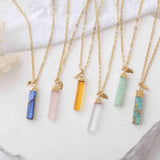 16" Gold Plated Rectangle Gemstone Necklace Birthstone Necklace, Healing Crystal Stone Bar Necklace Jewelry BT019