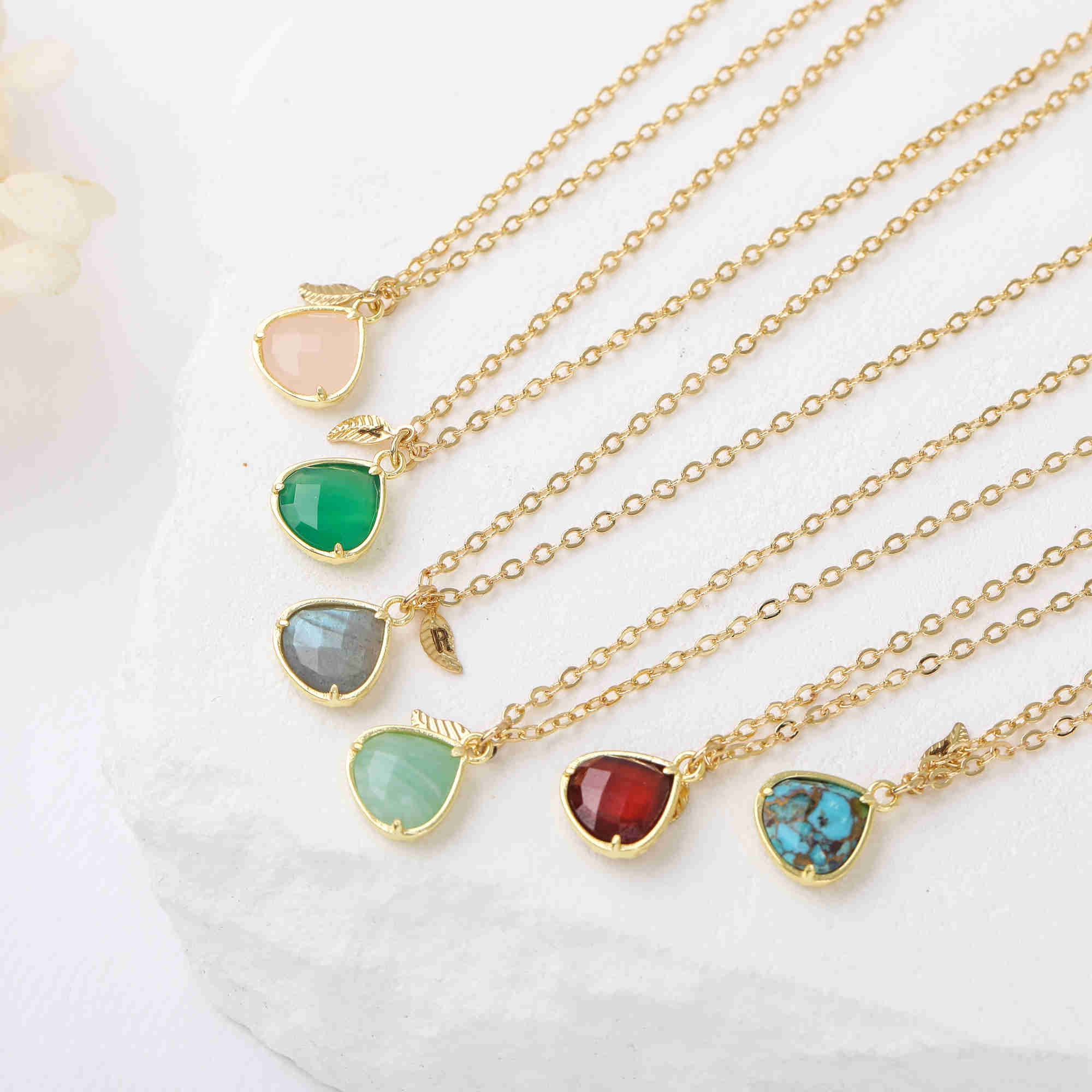 16" Teardrop Gold Plated Natural Gemstone Necklace, Faceted Quartz, Healing Crystal Stone Necklace, Birthstone Jewelry, Wholesale BT020
