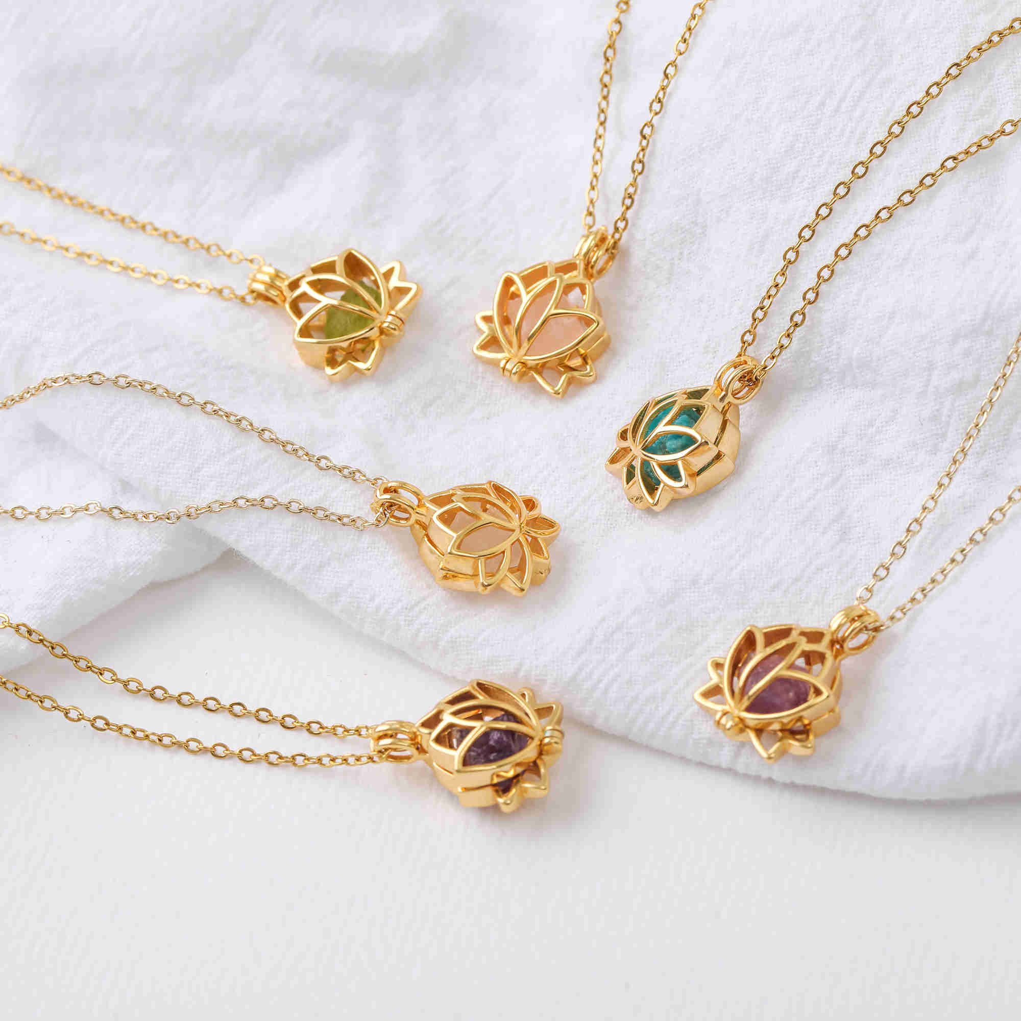 16" Gold Plated Hollow Lotus With Natural Raw Crystal Necklace, Birthstone Necklace, Gemstone Necklace Jewelry BT011