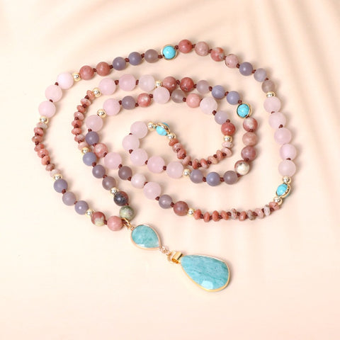 Rainbow Gemstone Beaded Necklace,Amazonite and Rose Quartz Teardrop Pendant Necklace, Yoga Elegant Boho Jewelry, Healing Stone Necklace, Gift For Women AL538