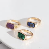 Rectangle Amethyst Lapis Lazuli Malachite Gold Band Ring, Healing Gemstone Jewelry Ring AL518