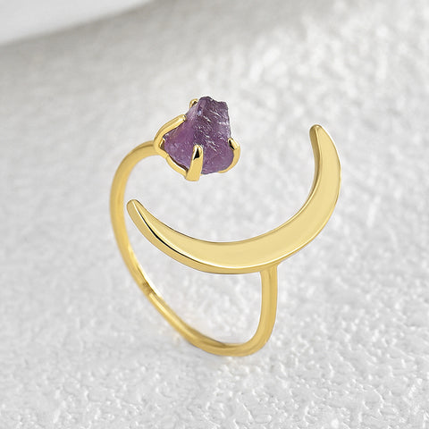 Gold Plated Star Moon Ring, Raw Amethyst Ring, Adjustable Open Ring, Fashion Jewelry AL544