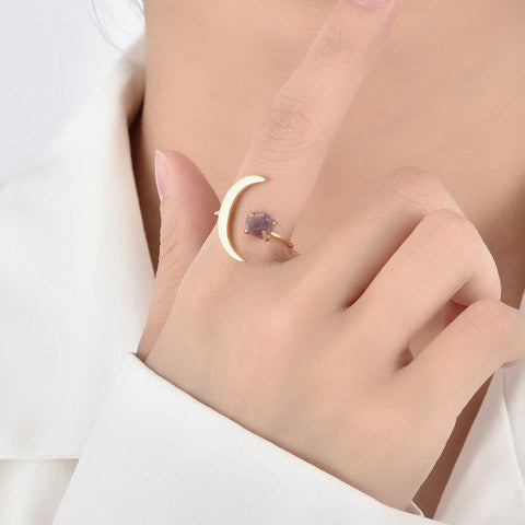 Gold Plated Star Moon Ring, Raw Amethyst Ring, Adjustable Open Ring, Fashion Jewelry AL544