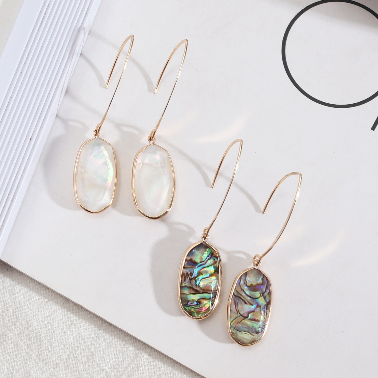 Oval Gold Plated Abalone Earrings, White Shell Earrings, Faceted Natural Seashell Jewelry AL515