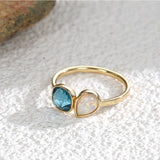 Gold Plated Teardrop White Opal and Square Blue Ziron Ring, CZ Ring, Fashion Jewelry Ring For Women AL545