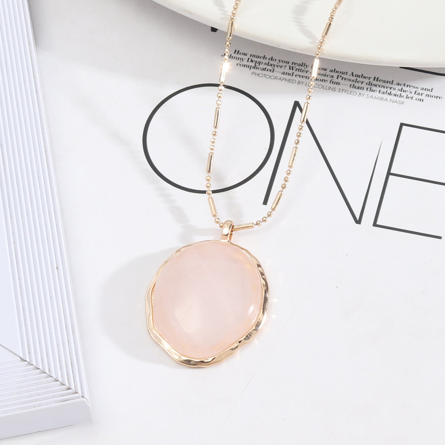 27" Oval Gold Plated Rainbow Stone Pendant Necklace AL517 Rose Quartz Necklace