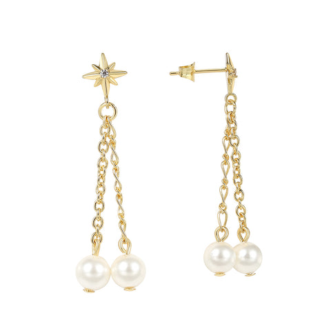 Pearl Chain CZ Star Gold Plated Stud Earrings, Dangel Earrings For Women AL546