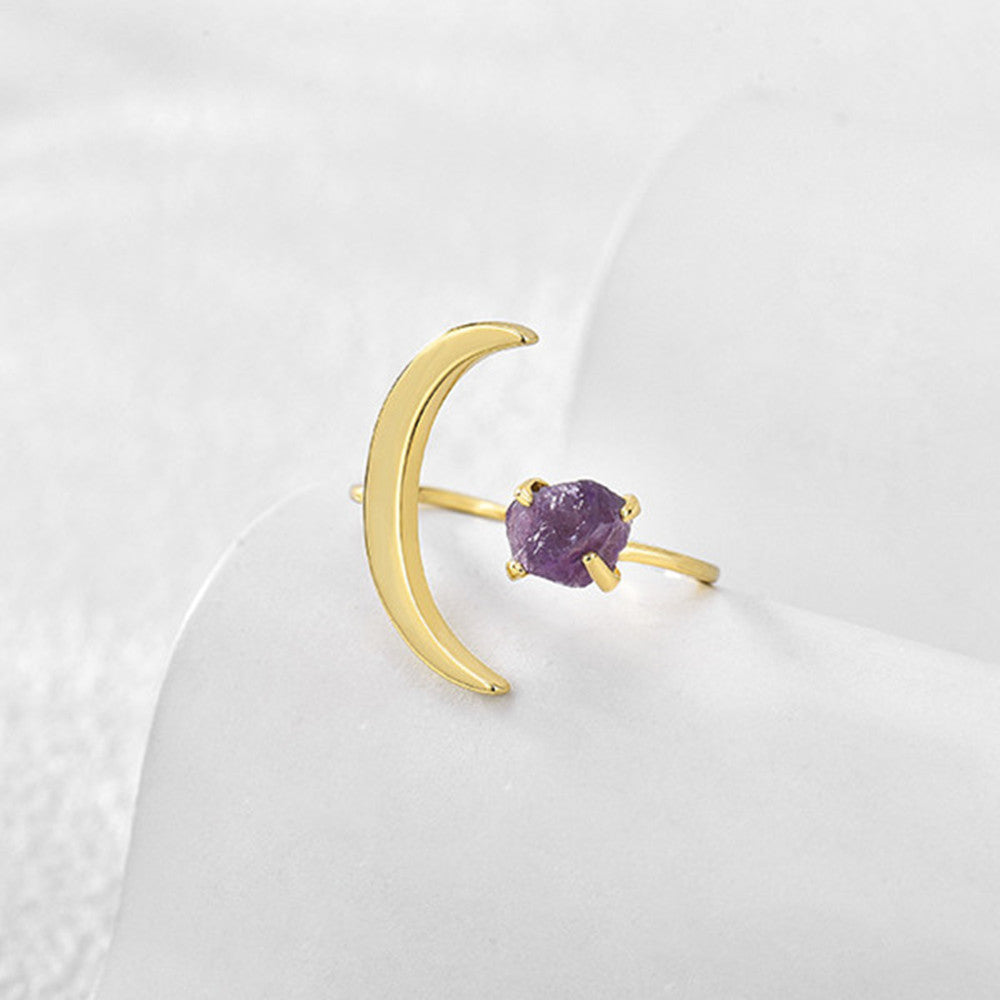 Gold Plated Star Moon Ring, Raw Amethyst Ring, Adjustable Open Ring, Fashion Jewelry AL544