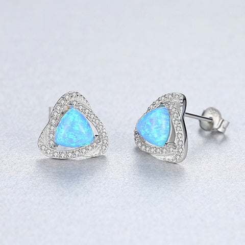 S925 Sterling Silver Opal Stud Earring, CZ Pave Twisted Triangle Studs AL556