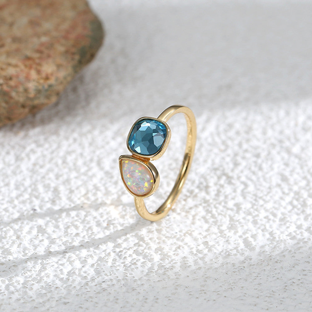 Gold Plated Teardrop White Opal and Square Blue Ziron Ring, CZ Ring, Fashion Jewelry Ring For Women AL545