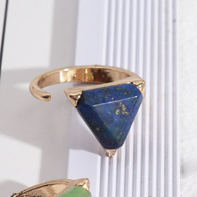 Fashion Triangle Amethyst Lapis Lazuli Green Aventurine Open Ring, Gold Plated Brass Bezel, Healing Crystal Stone Ring, Gemstone Ring Jewelry AL520