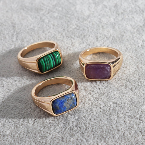 Rectangle Amethyst Lapis Lazuli Malachite Gold Band Ring, Healing Gemstone Jewelry Ring AL518