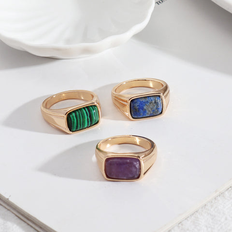 Rectangle Amethyst Lapis Lazuli Malachite Gold Band Ring, Healing Gemstone Jewelry Ring AL518