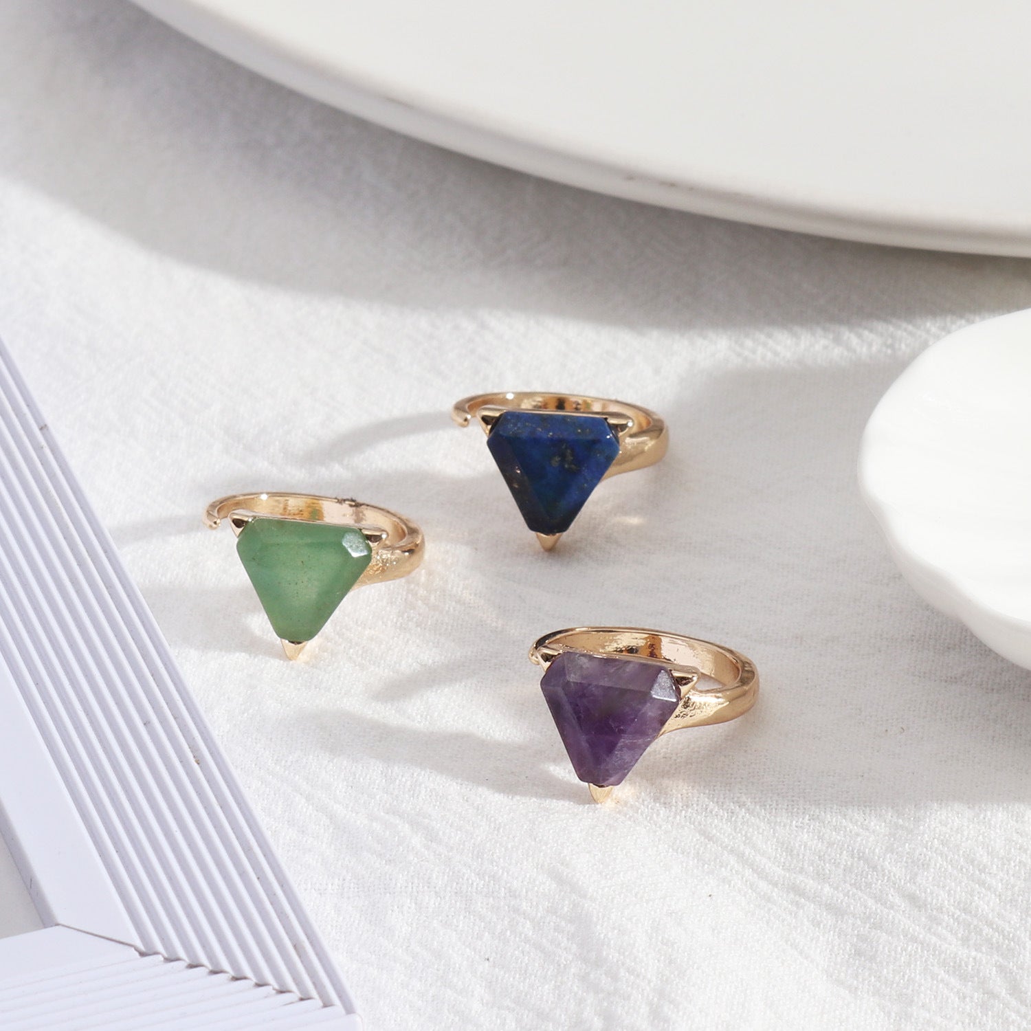 Fashion Triangle Amethyst Lapis Lazuli Green Aventurine Open Ring, Gold Plated Brass Bezel, Healing Crystal Stone Ring, Gemstone Ring Jewelry AL520