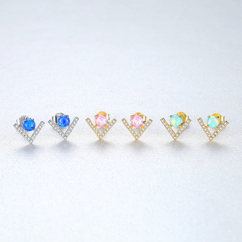 925 Sterling Silver Opal V Shape Zircon Stud Earrings, Fashion Jewelry AL560