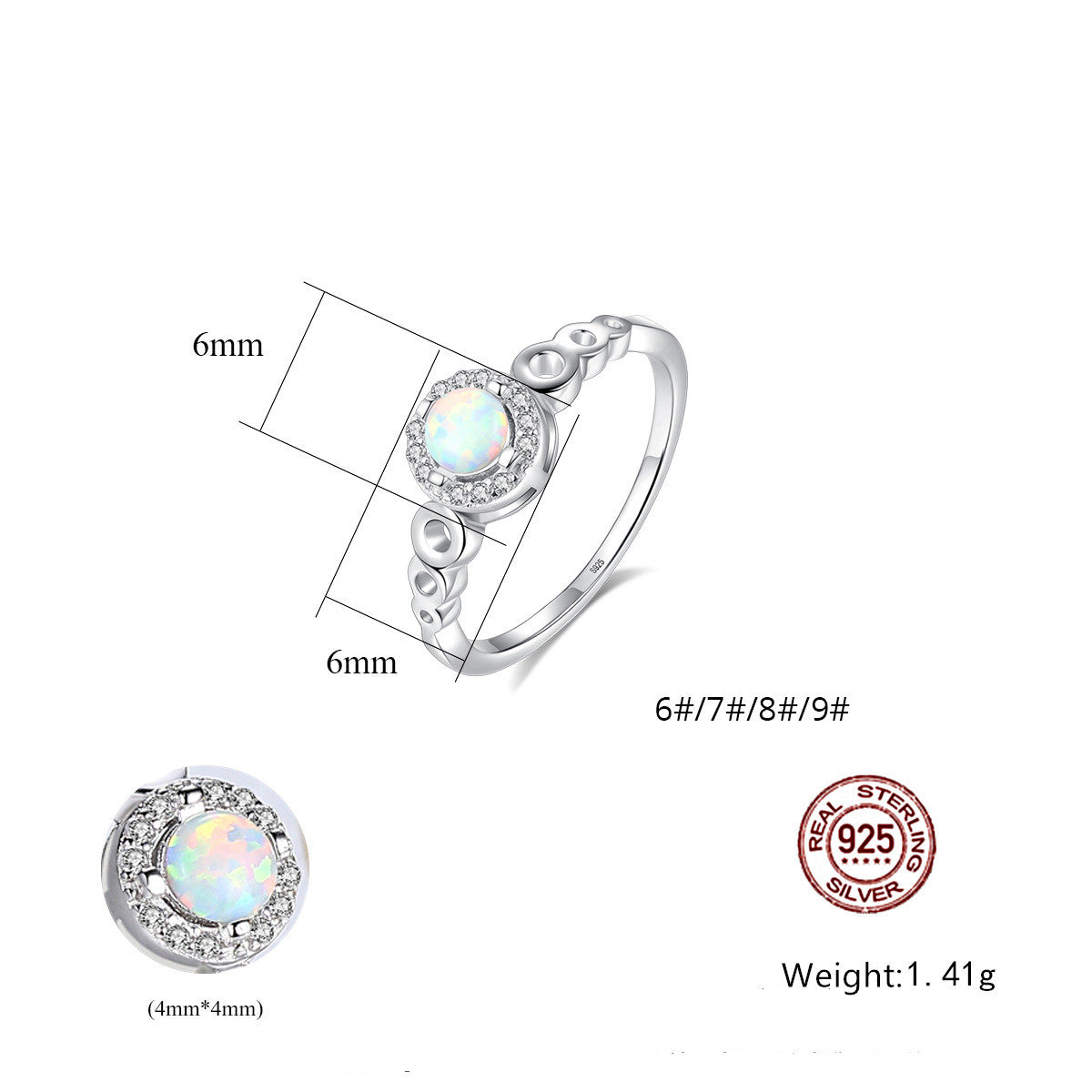 925 Sterling Silver Round Opal Ring, CZ Micro Pave, Dainty Jewelry AL614
