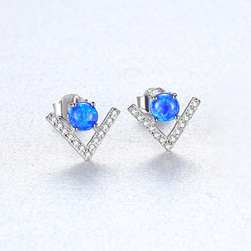 S925 Sterling Silver Opal Stud Earrings, V Shape CZ Pave Opal Earrings, Fashion Jewelry AL560